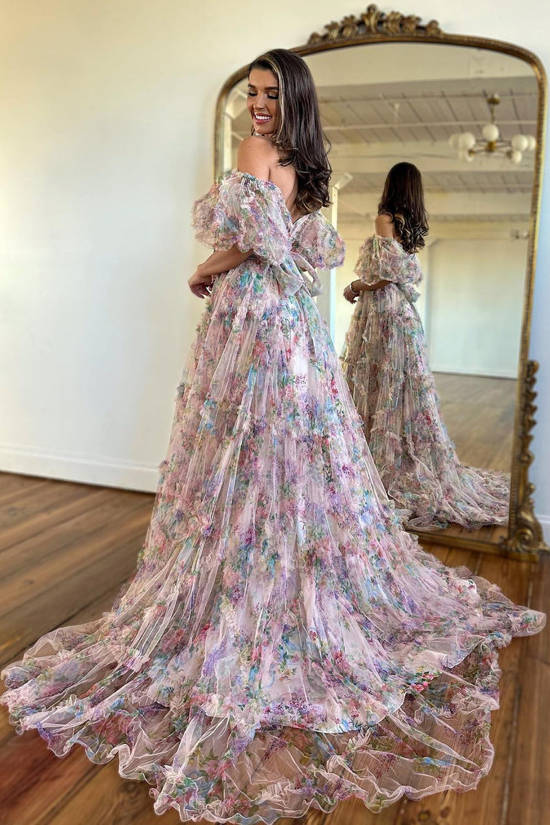 Queendancer Women Floral Long Prom Dress Pink Green Flower Off The