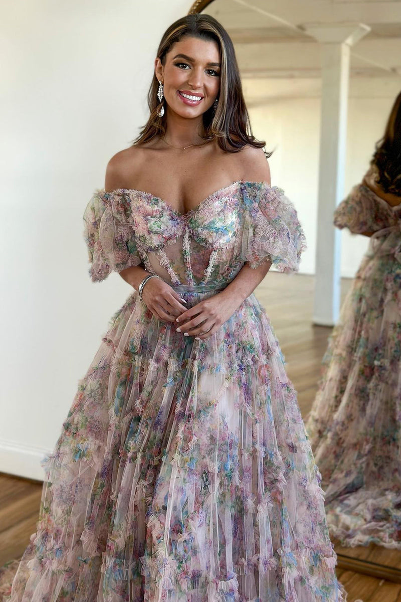 Load image into Gallery viewer, Pink Green Flower Off The Shoulder Prom Dress