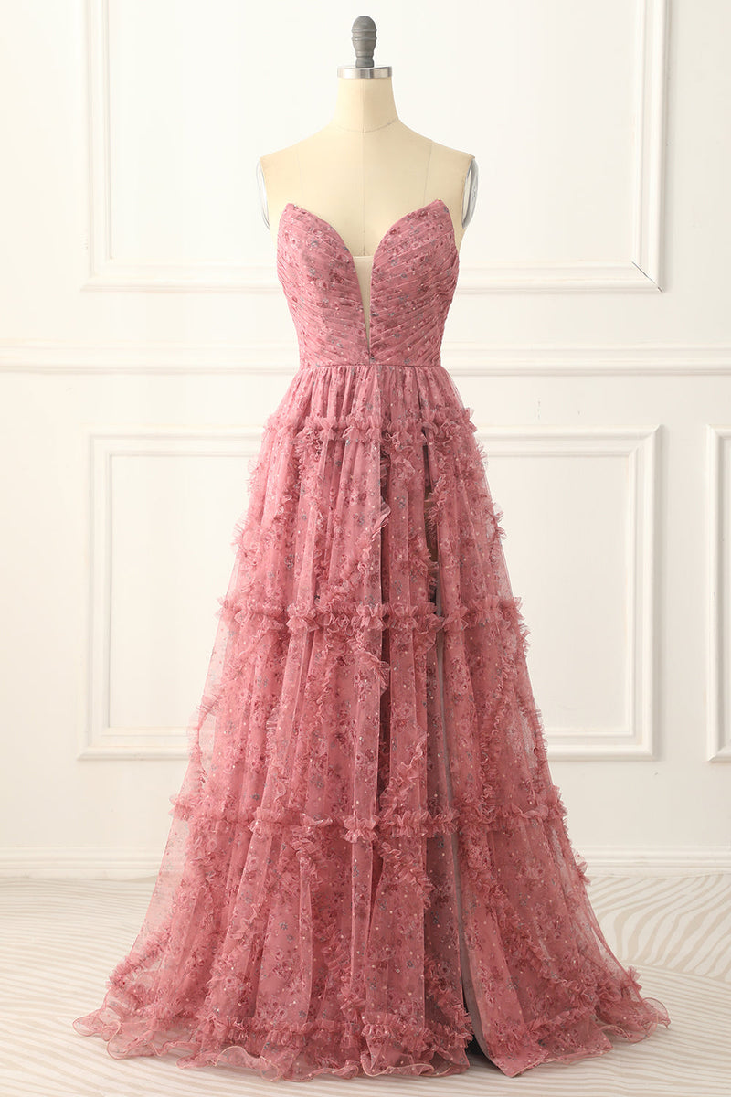 Load image into Gallery viewer, A-line Strapless Floral Printed Long Prom Dress with Slit
