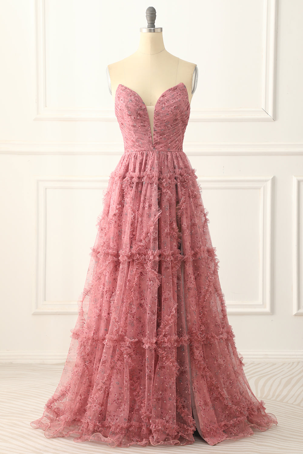 A-line Strapless Floral Printed Long Prom Dress with Slit