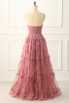 A-line Strapless Floral Printed Long Prom Dress with Slit