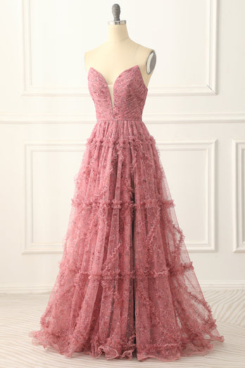 A-line Strapless Floral Printed Long Prom Dress with Slit
