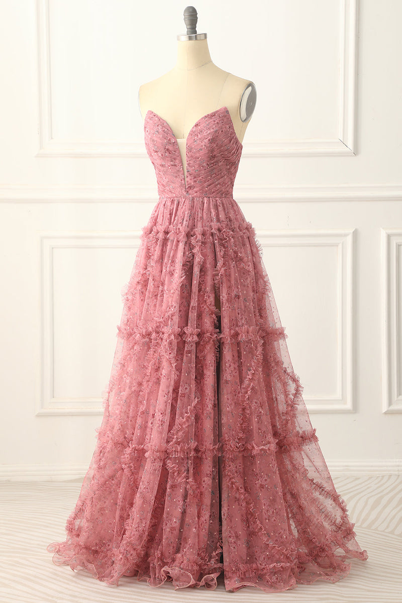 Load image into Gallery viewer, A-line Strapless Floral Printed Long Prom Dress with Slit