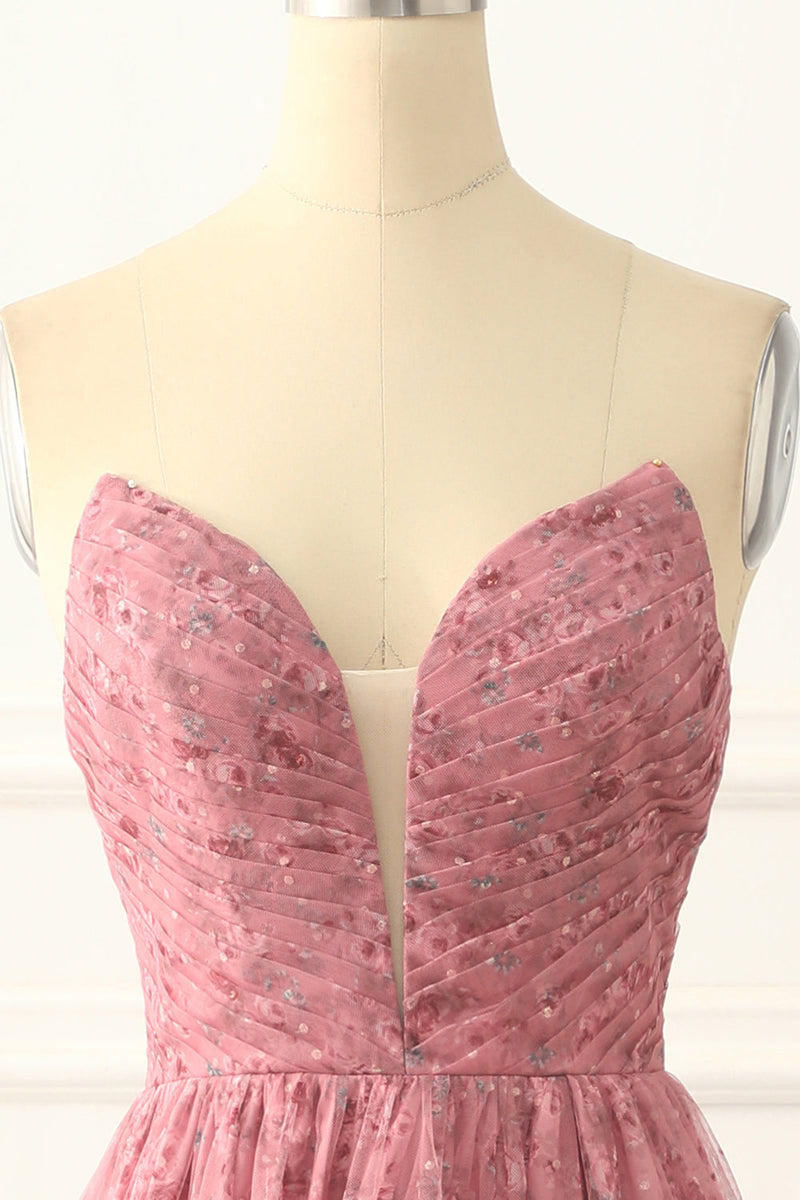Load image into Gallery viewer, A-line Strapless Floral Printed Long Prom Dress with Slit