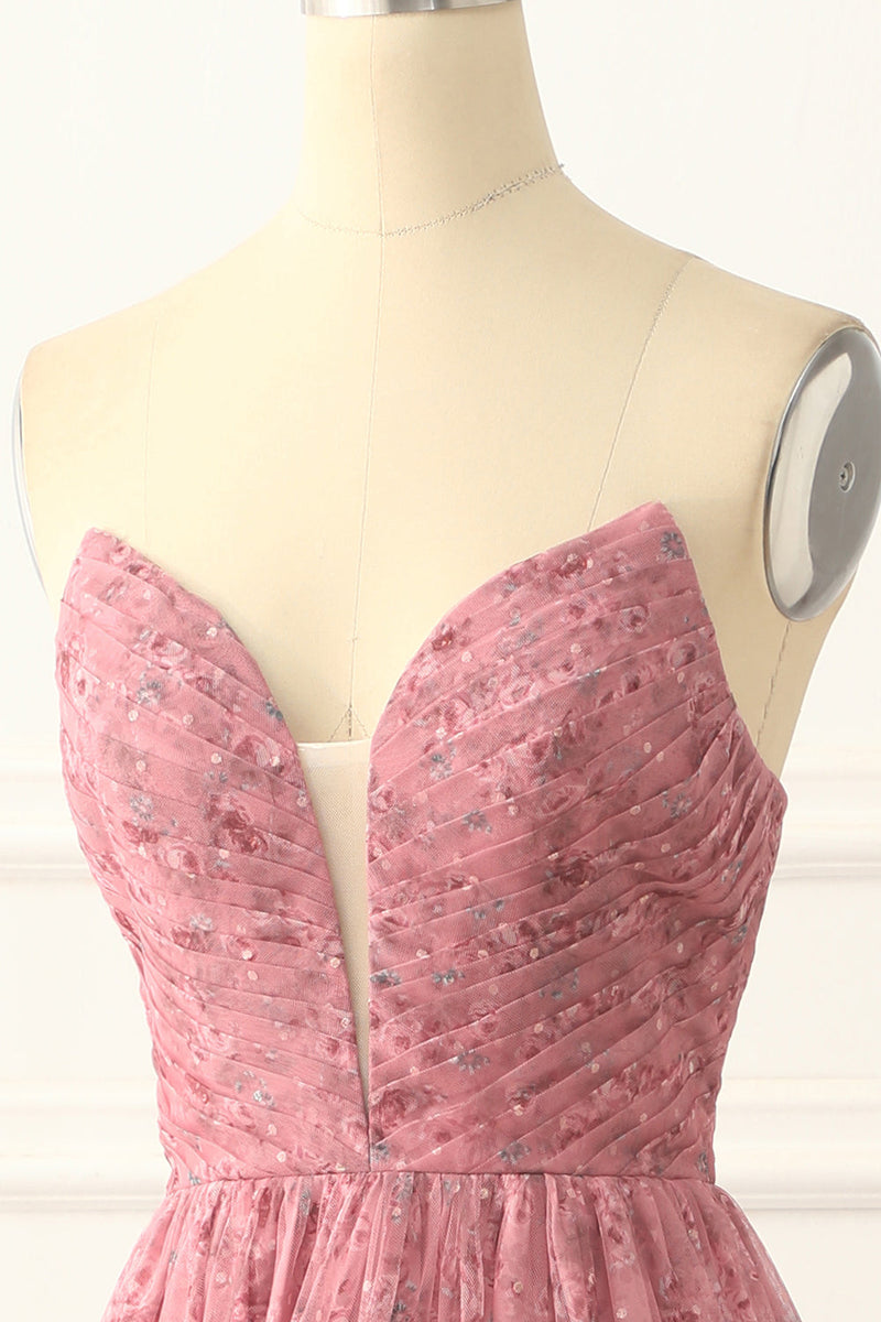 Load image into Gallery viewer, A-line Strapless Floral Printed Long Prom Dress with Slit