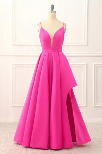 Fuchsia Spaghetti Straps Lace-Up Long Prom Dress