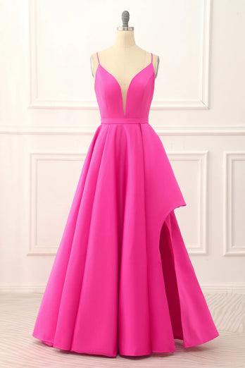 Fuchsia Spaghetti Straps Lace-Up Long Prom Dress