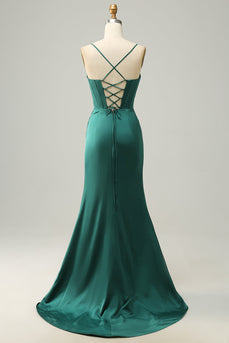 Spaghetti Straps Dark Green Satin Corset Prom Dress