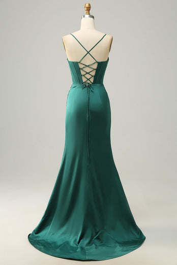 Queendancer Women Satin Dark Green Corset Prom Dress with Slit Spaghetti Straps Lace-Up Back Formal Dress queendanceruk Queendancer Women Satin Dark Green Corset Prom Dress with Slit Spaghetti Straps Lace-Up Back Formal Dress queendanceruk