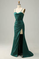 Load image into Gallery viewer, Spaghetti Straps Dark Green Satin Corset Prom Dress