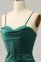 Load image into Gallery viewer, Spaghetti Straps Dark Green Satin Corset Prom Dress