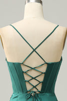 Load image into Gallery viewer, Spaghetti Straps Dark Green Satin Corset Prom Dress