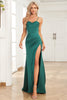 Load image into Gallery viewer, Dark Green Mermaid Spaghetti Straps Satin Prom Dress with Split Front