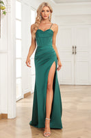 Load image into Gallery viewer, Dark Green Mermaid Spaghetti Straps Satin Prom Dress with Split Front
