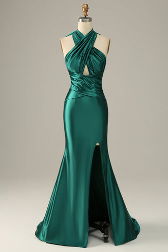 Dark Green Halter Lace-Up Mermaid Prom Dress with Slit