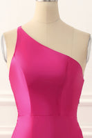 Load image into Gallery viewer, One Shoulder Hot Pink Satin Backless Long Prom Dress