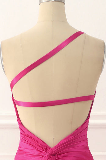 One Shoulder Hot Pink Satin Backless Long Prom Dress