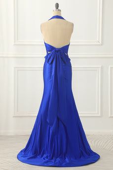 Royal Blue Halter Satin Prom Dress with Bow