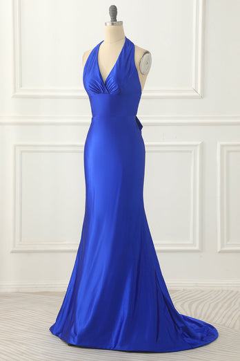 Royal Blue Halter Satin Prom Dress with Bow
