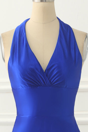 Royal Blue Halter Satin Prom Dress with Bow