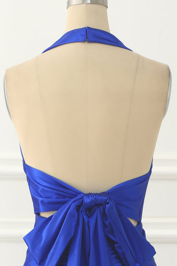 Royal Blue Halter Satin Prom Dress with Bow