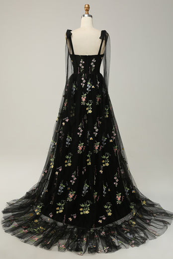 A-Line Spaghetti Straps Black Long Prom Dress with Embroidery