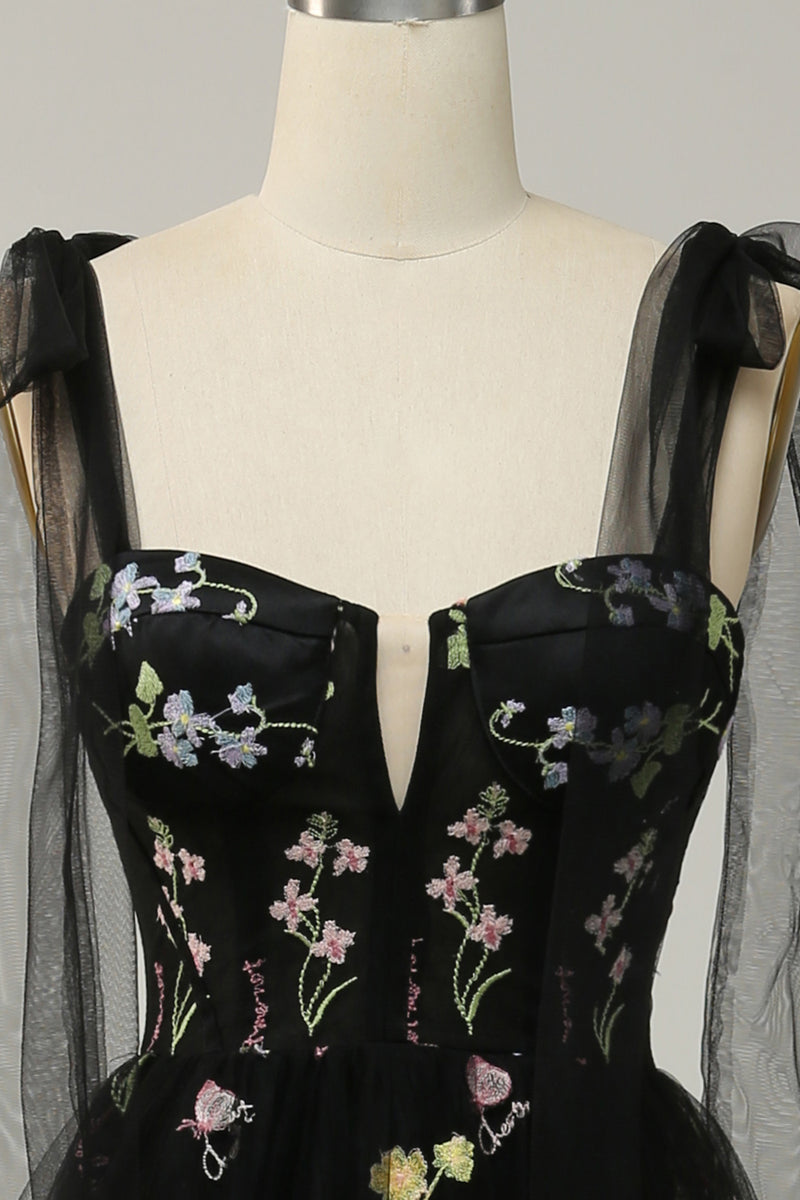 Load image into Gallery viewer, A-Line Spaghetti Straps Black Long Prom Dress with Embroidery