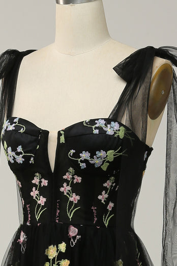 A-Line Spaghetti Straps Black Long Prom Dress with Embroidery