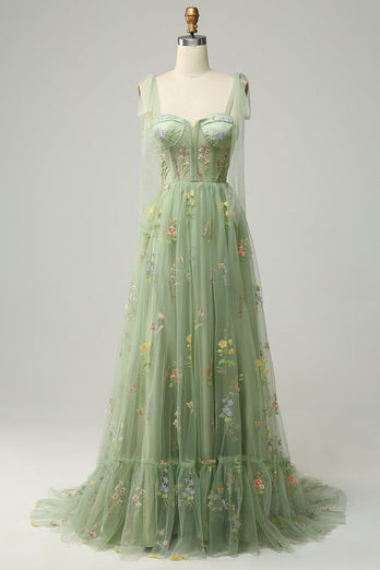 A-Line Spaghetti Straps Green Long Prom Dress with Embroidery