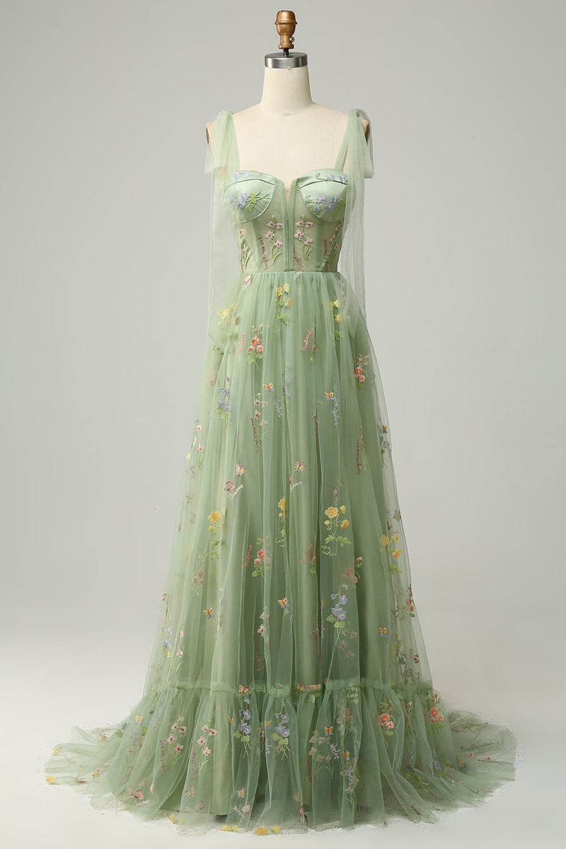 Load image into Gallery viewer, A-Line Spaghetti Straps Green Long Prom Dress with Embroidery