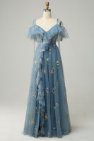 Load image into Gallery viewer, Spaghetti Straps Floral Lavender Long Prom Dress with Embroidery