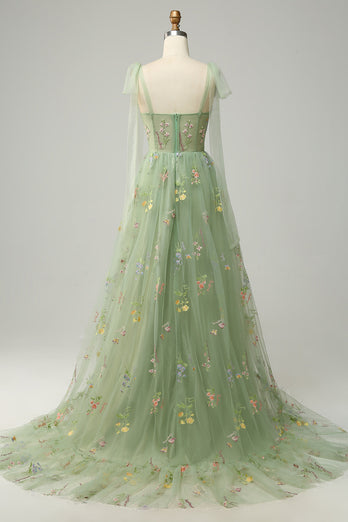 A-Line Spaghetti Straps Green Long Prom Dress with Embroidery