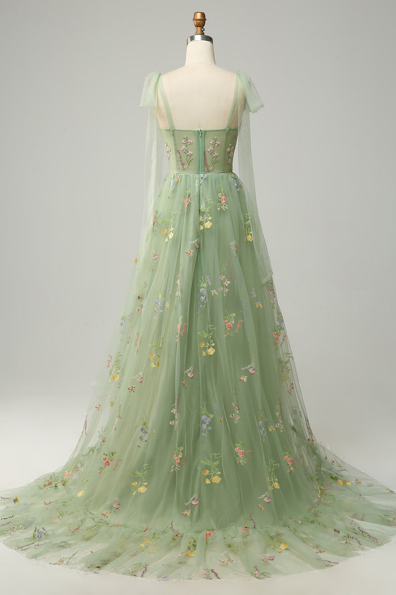 Load image into Gallery viewer, A-Line Spaghetti Straps Grey Blue Long Prom Dress with Embroidery