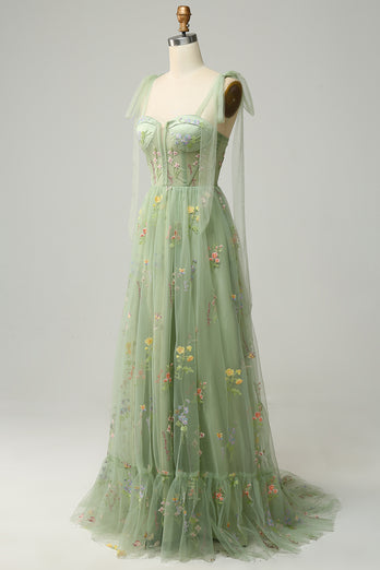 A-Line Spaghetti Straps Green Long Prom Dress with Embroidery