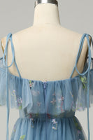 Load image into Gallery viewer, Floral Spaghetti Straps Grey Blue Long Prom Dress with Embroidery