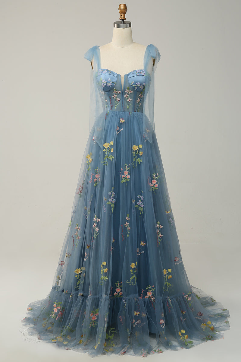 Load image into Gallery viewer, A-Line Spaghetti Straps Black Long Prom Dress with Embroidery