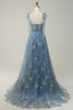 Load image into Gallery viewer, A-Line Spaghetti Straps Grey Blue Long Prom Dress with Embroidery