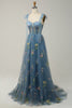 Load image into Gallery viewer, A-Line Spaghetti Straps Grey Blue Long Prom Dress with Embroidery