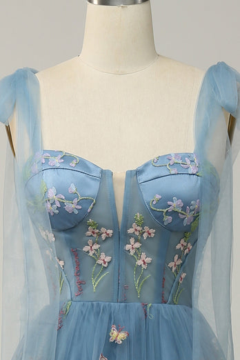 A-Line Spaghetti Straps Grey Blue Long Prom Dress with Embroidery
