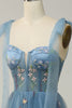 Load image into Gallery viewer, A-Line Spaghetti Straps Grey Blue Long Prom Dress with Embroidery