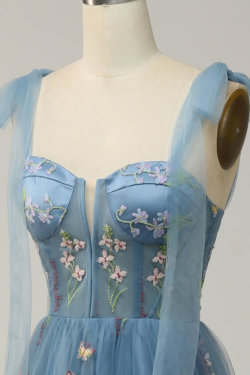 Load image into Gallery viewer, A-Line Spaghetti Straps Grey Blue Long Prom Dress with Embroidery