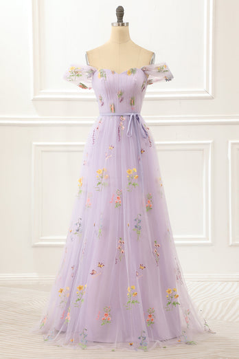 A-Line Tulle Off Shoulder Lavender Long Prom Dress with Embroidery