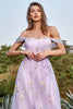 Load image into Gallery viewer, Tulle Lavender Off The Shoulder Long Prom Dress with Embroidery