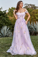Load image into Gallery viewer, Tulle Lavender Off The Shoulder Long Prom Dress with Embroidery