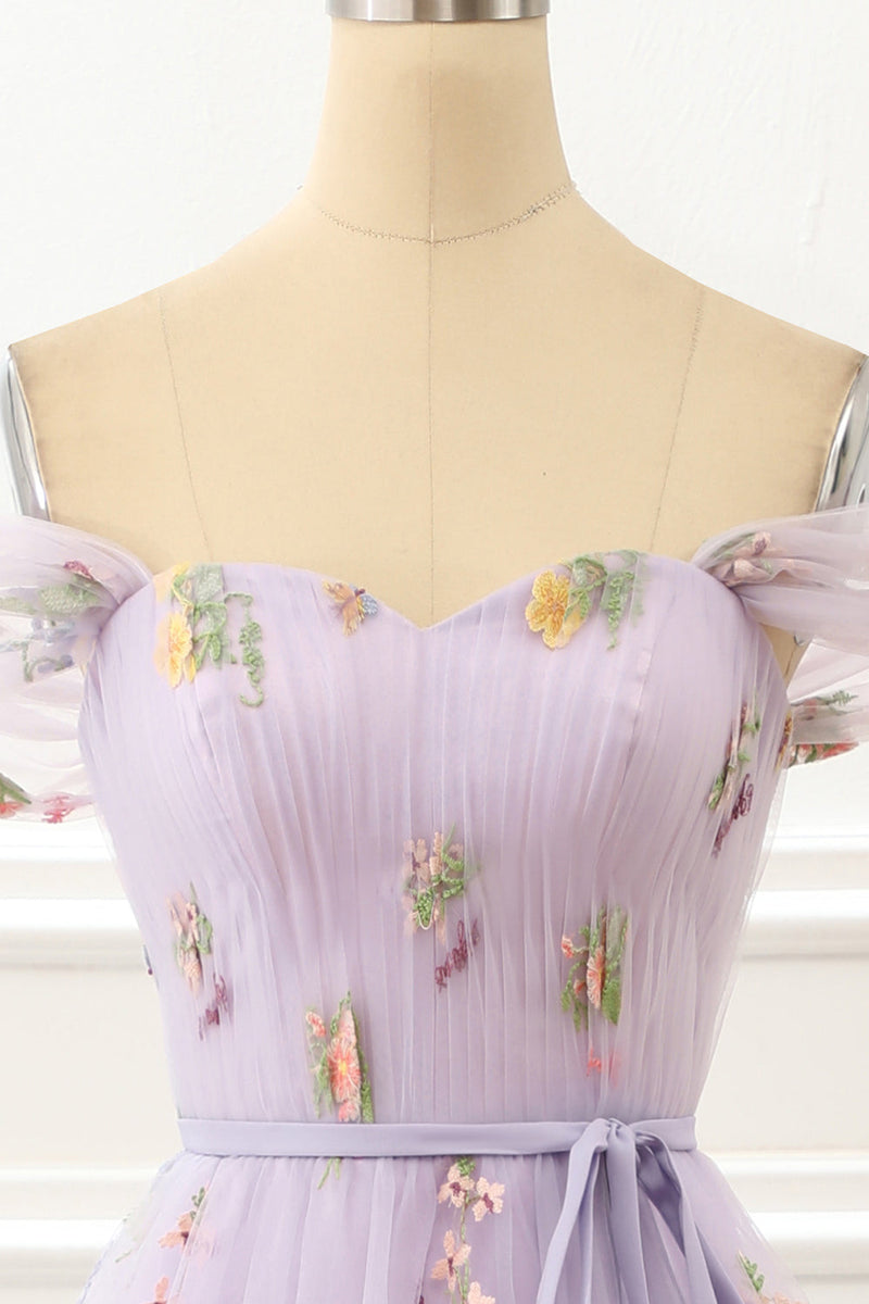 Load image into Gallery viewer, A-Line Tulle Off Shoulder Lavender Long Prom Dress with Embroidery