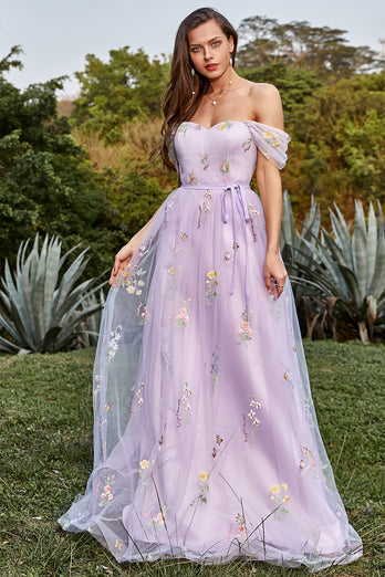 Tulle Lavender Off The Shoulder Long Prom Dress with Embroidery