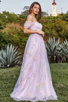Load image into Gallery viewer, Tulle Lavender Off The Shoulder Long Prom Dress with Embroidery