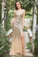 Load image into Gallery viewer, Mermaid Deep V Neck Golden Long Prom Dress with Slit
