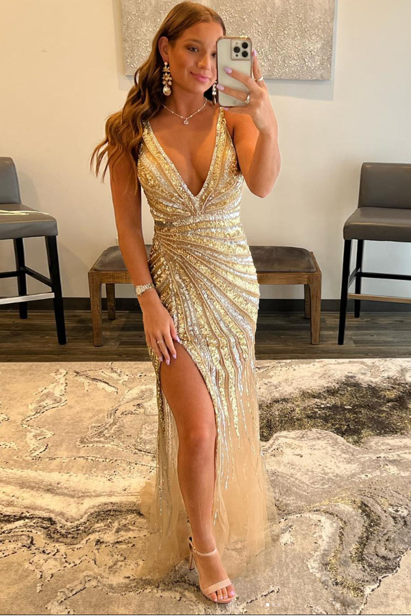 Load image into Gallery viewer,  Women Sparkly Golden Sequins Long Prom Dress V-Neck Sheath Party Dress with Slit
