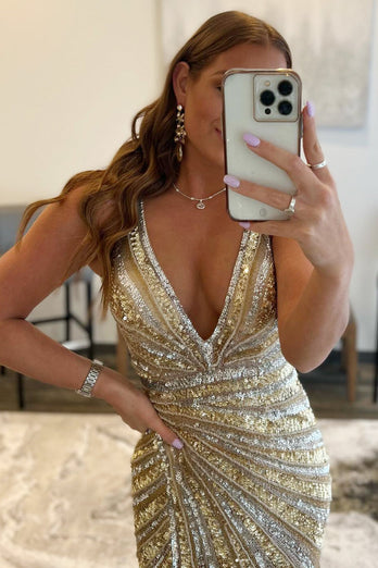 Sparkly Golden V-Neck Sequins Long Prom Dress